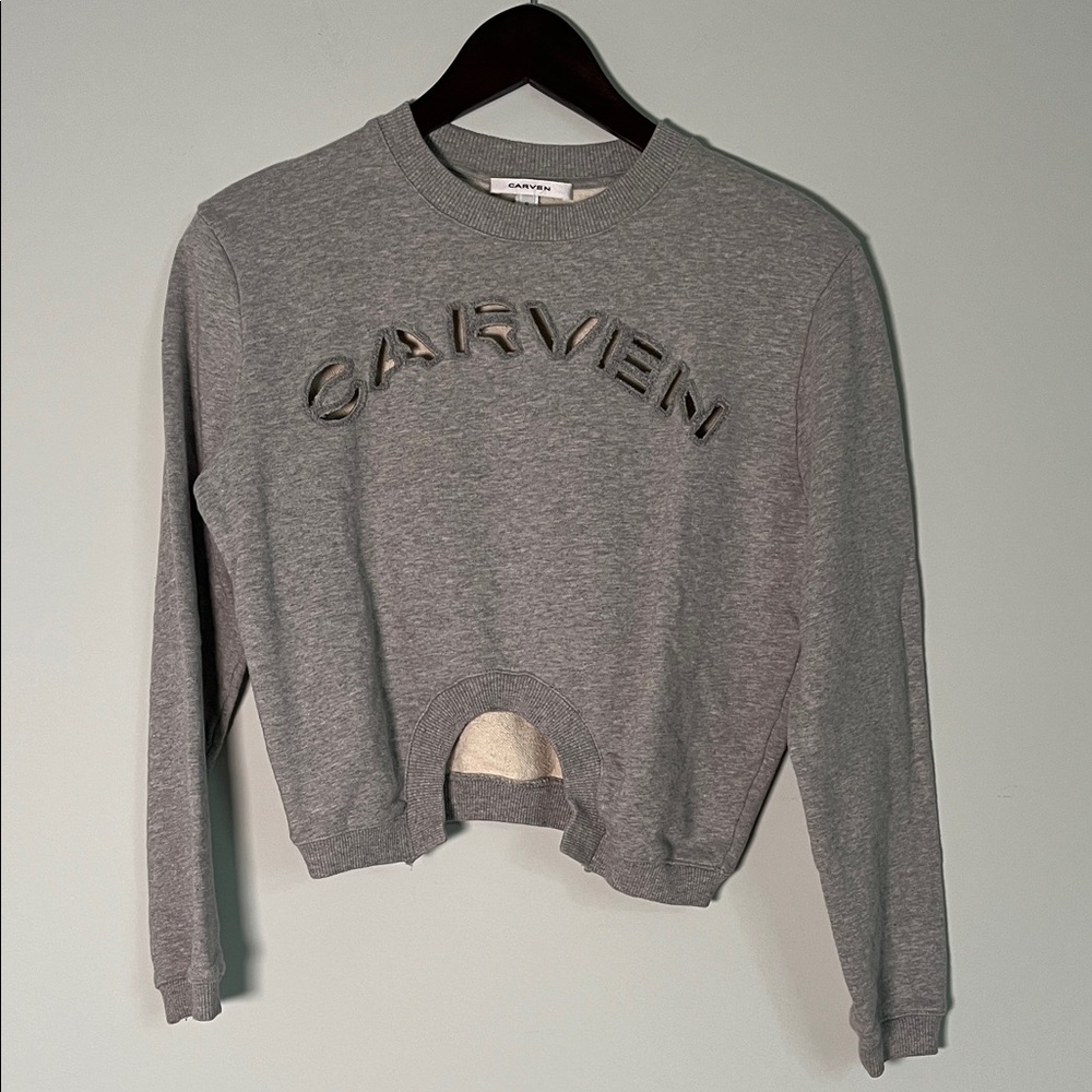 Carven Grey Cut-Out Logo Embroidered Cropped Sweatshirt Size S